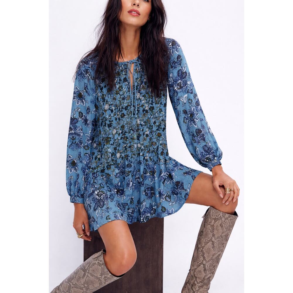 Free‎ People  Boho 'Lucky Loosie' Swing Mini Dress Medium Blue Sage Combo